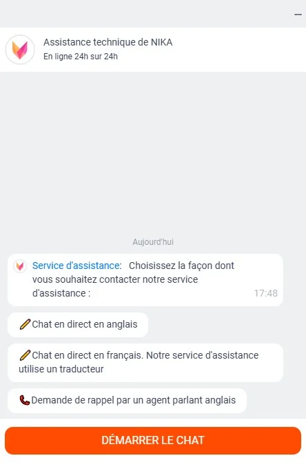 Service client Nika Casino